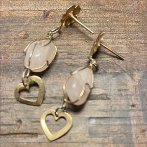 EARRINGS Pink Jade and Gold Flower and Heart Drop